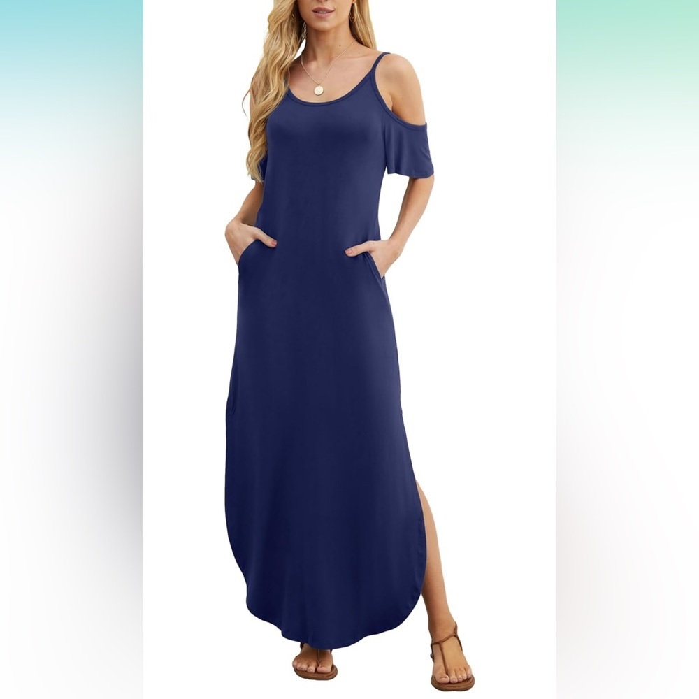 Navy Blue Cold Shoulder, Strapless Maxi Dress Short Sleeve Off w pockets Medium